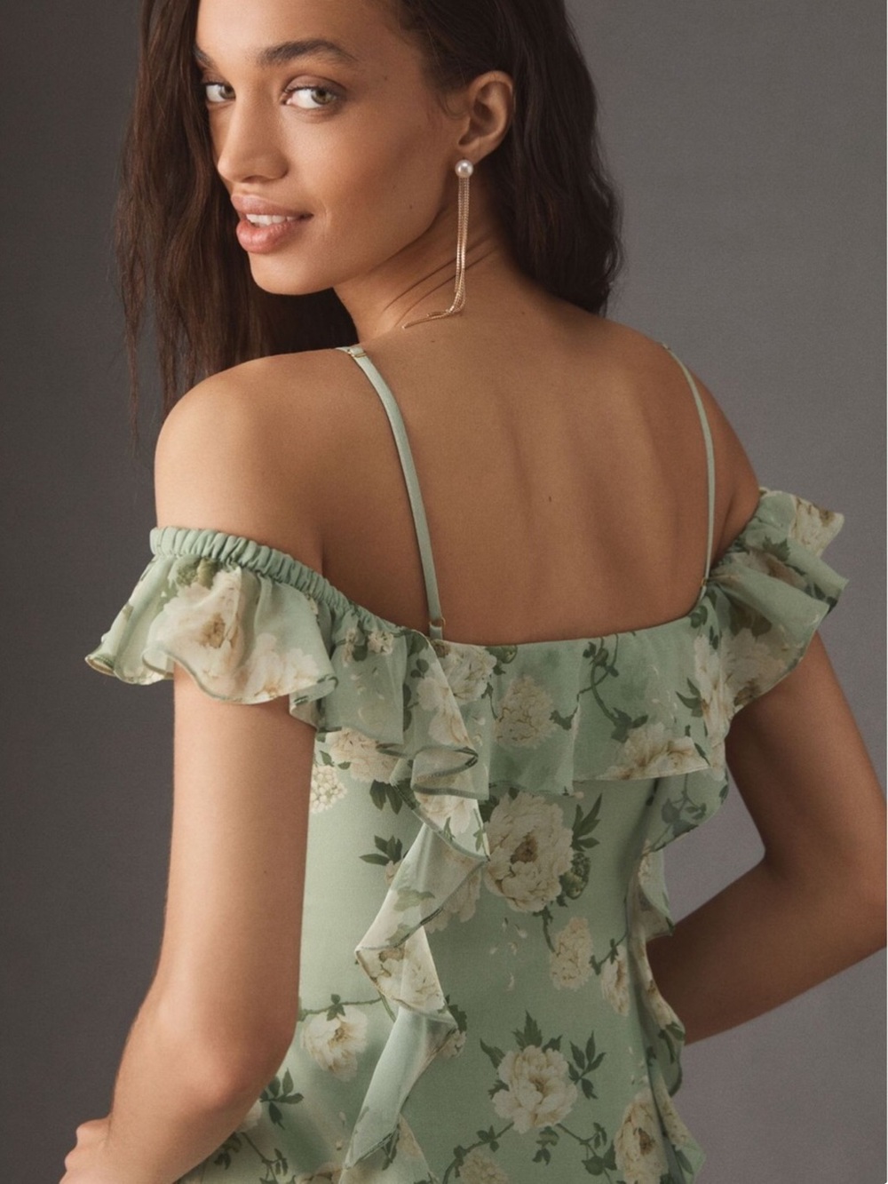 Dreamy Anthropologie BHLDN Off-Shoulder Ruffled Green Chiffon Maxi Dress XXS - Picture 5 of 12